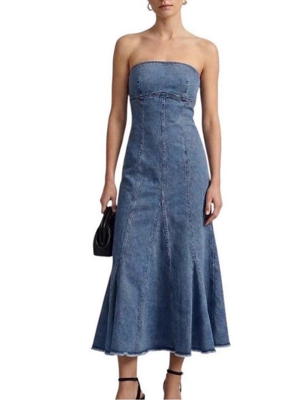 Pilcro Strapless Denim Midi Dress in Blue